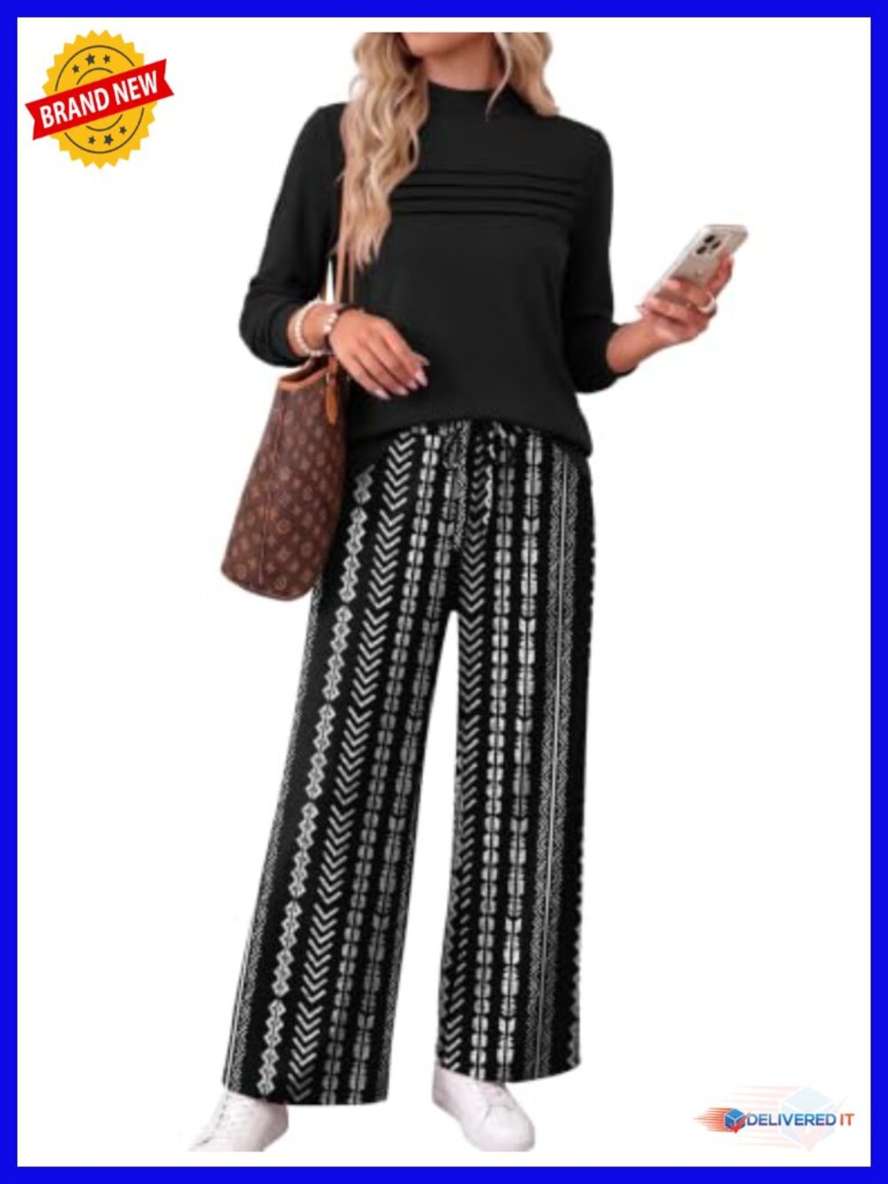 WIHOLL Two Piece Set Women Mock Neck Long Sleeve Top Wide Leg Pants Travel